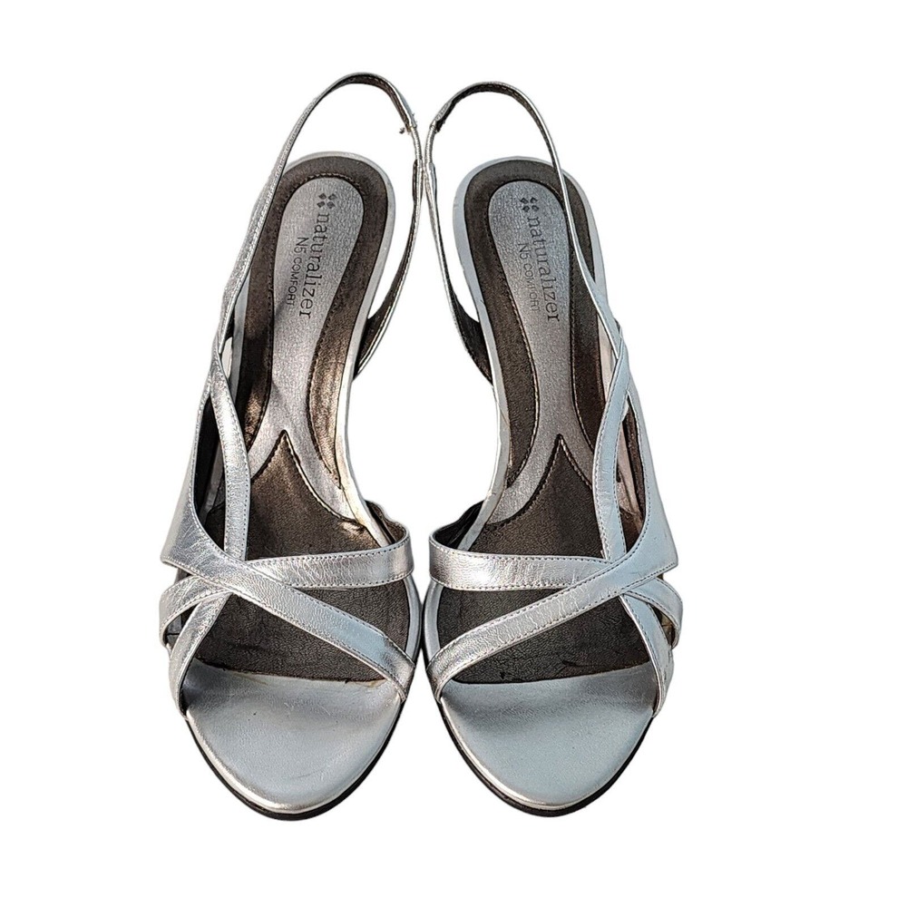 Naturalizer N5 Comfort Prissy Slingback Open Toe Silver Leather Sandals 9 1/2 W